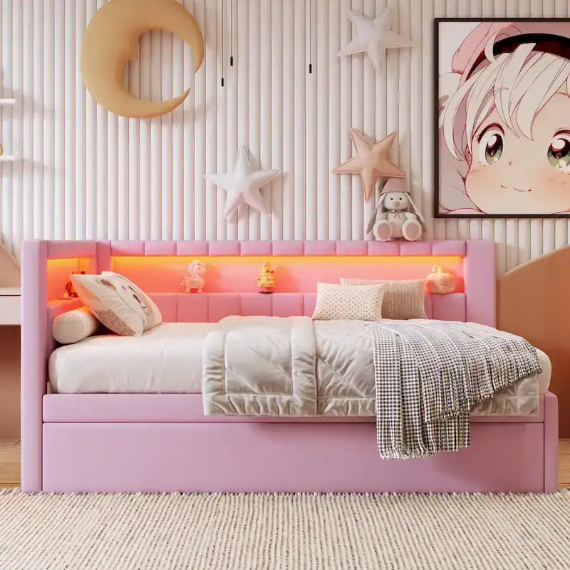 Lit plateforme rembourré avec ports USB et éclairage LED - Cadre de lit double/simple avec 2 tiroirs de rangement - Chambre à coucher moderne