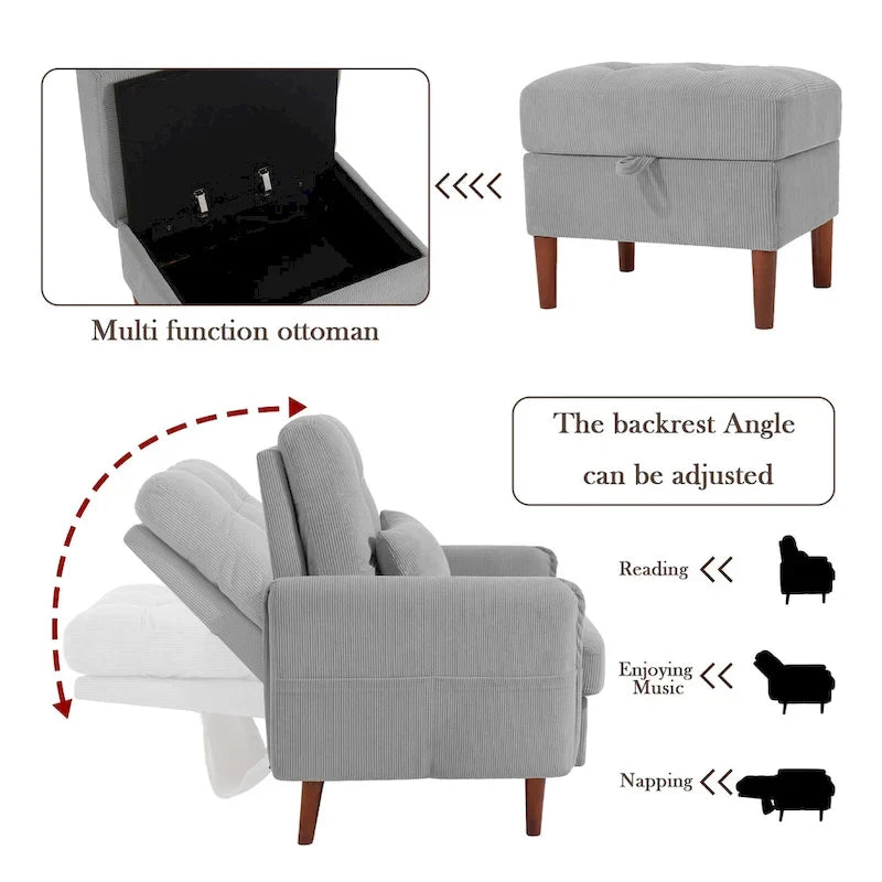 Fauteuil de salon moderne UIXE avec pouf de rangement et dossier réglable