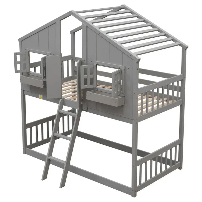Lit superposé cabane jumeau sur jumeau avec toit, fenêtre, jardinière, porte, barrières de sécurité et échelle, gris