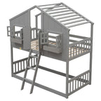 Lit superposé cabane jumeau sur jumeau avec toit, fenêtre, jardinière, porte, barrières de sécurité et échelle, gris