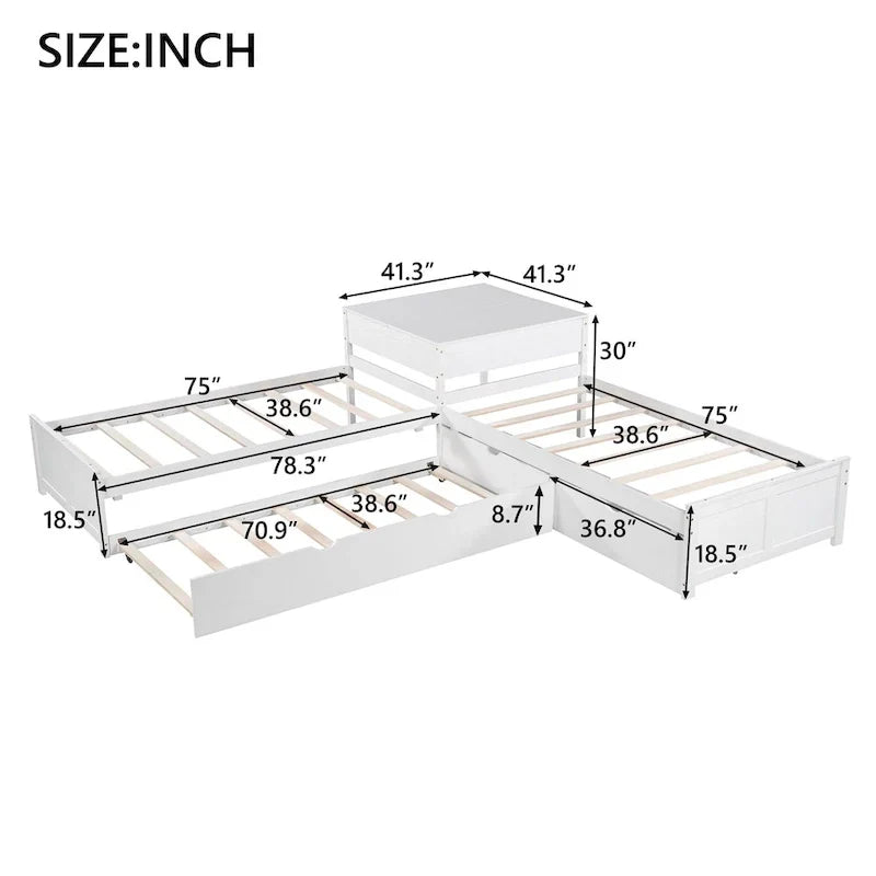 Lit plateforme en L moderne blanc de taille double avec lit gigogne et tiroirs pour chambre à coucher