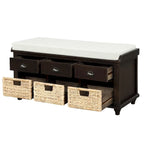 Banc de rangement rustique avec 3 tiroirs et 3 paniers en rotin, banc à chaussures pour salon, entrée