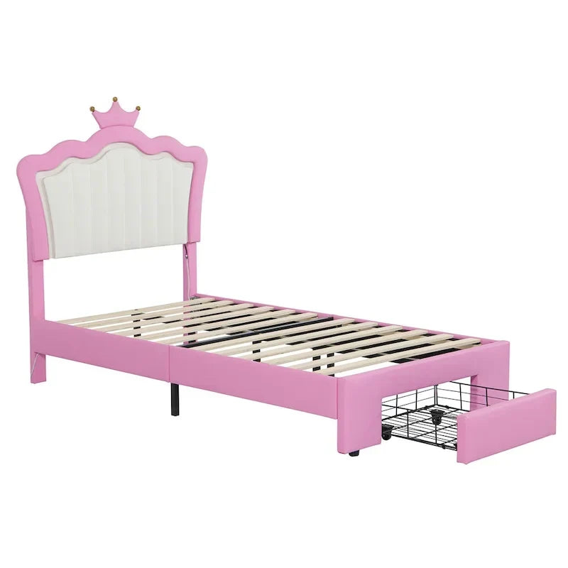 Cadre de lit double rembourré avec lumières LED, lit de princesse moderne rembourré avec tête de lit en forme de couronne, un tiroir, rose+blanc