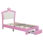 Cadre de lit double rembourré avec lumières LED, lit de princesse moderne rembourré avec tête de lit en forme de couronne, un tiroir, rose+blanc