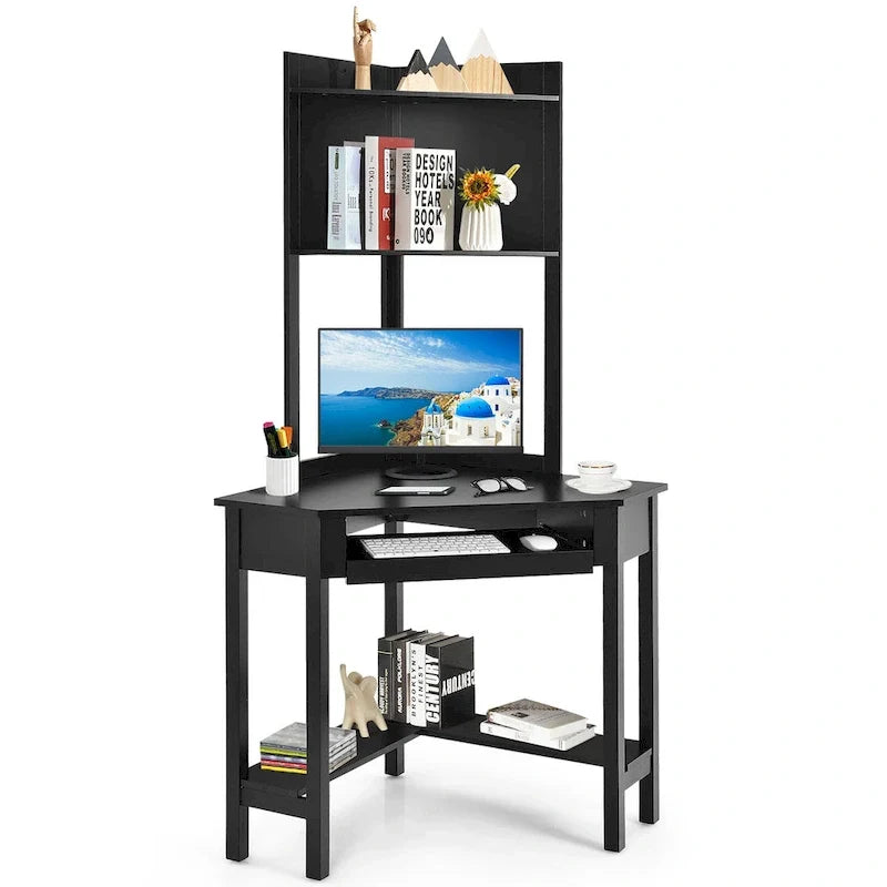 Bureau d'angle triangulaire avec huche - Étagères - Tablette clavier - Noir/Blanc
