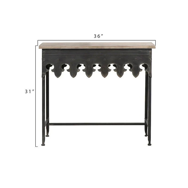 Console en métal finition zinc et bois à bord festonné