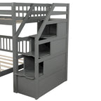 Lit mezzanine double sur lit double en bois avec escalier, balustrades hautes et échelle