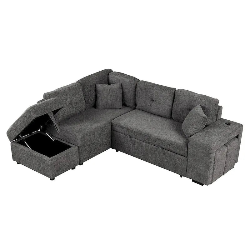 Canapé d'angle convertible avec pouf de rangement, canapé-lit pour salon