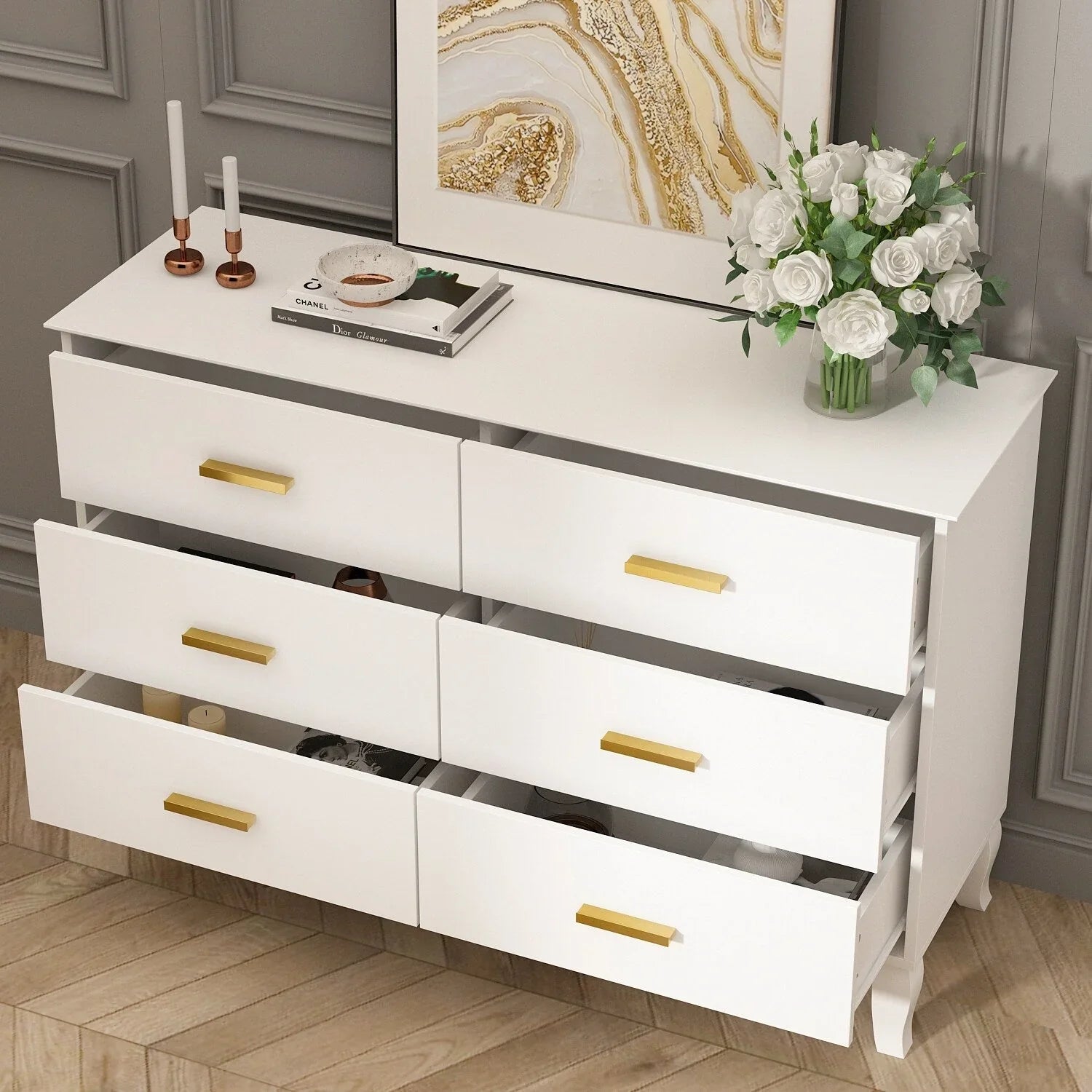 Commode double Timechee 6 tiroirs 47,2 po de largeur, pieds en bois massif, fini laqué