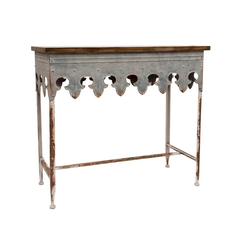 Console en métal finition zinc et bois à bord festonné