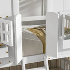 Lit superposé cabane jumeau sur jumeau avec toit, fenêtre, jardinière, porte, barrières de sécurité et échelle, gris