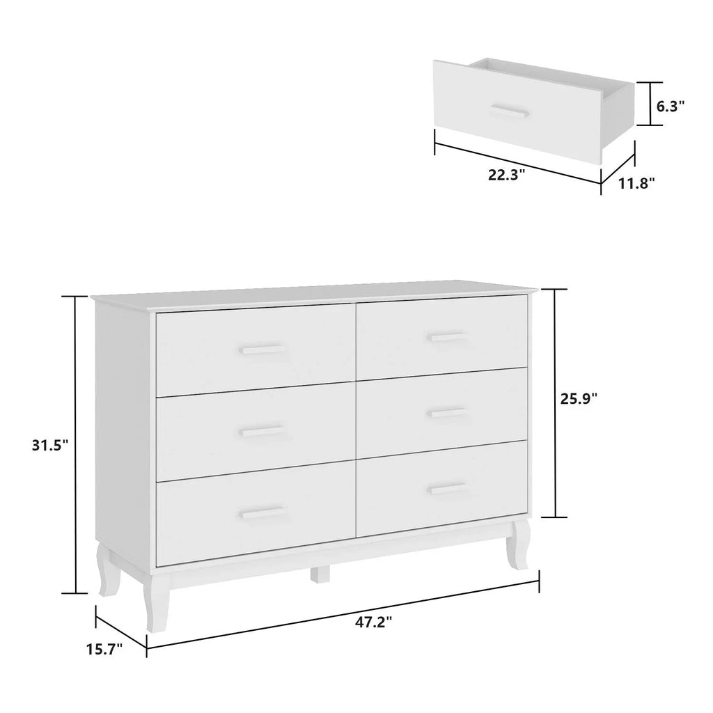 Commode double Timechee 6 tiroirs 47,2 po de largeur, pieds en bois massif, fini laqué