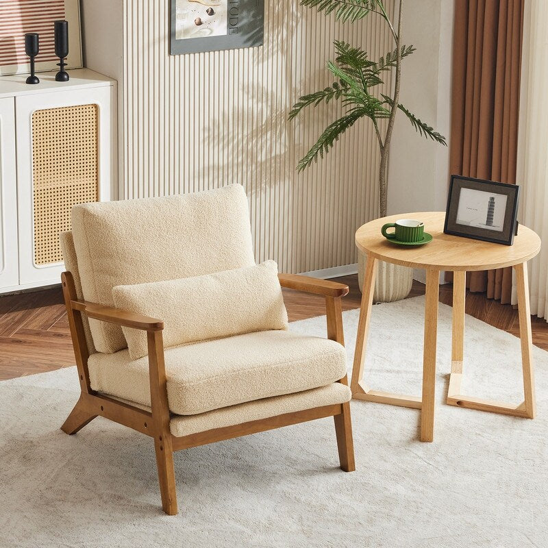 Fauteuil d'appoint rembourré en mélange de lin avec pieds en bois et un oreiller beige