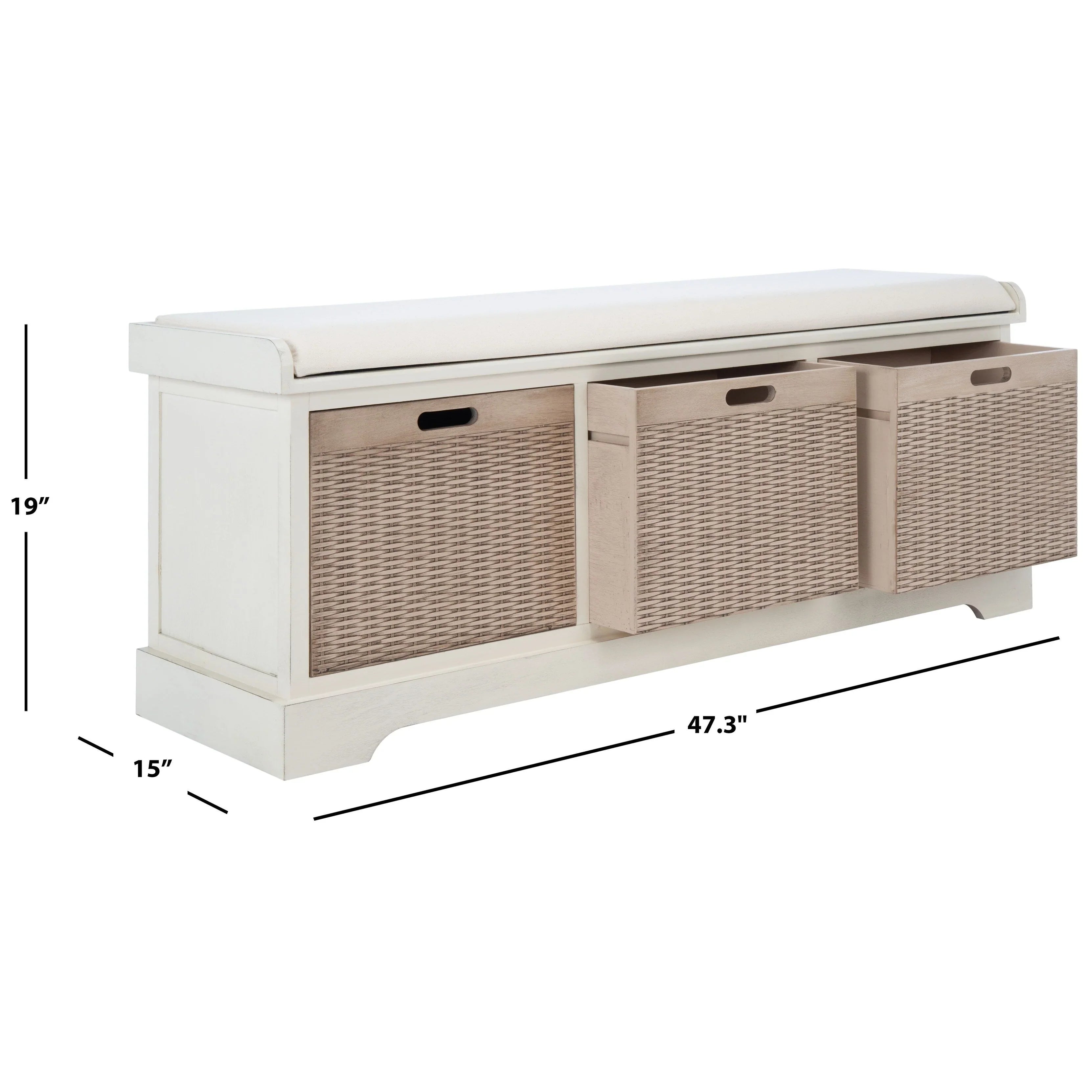 Banc de rangement SAFAVIEH Fiorello 3 tiroirs avec coussin - 47,3 L x 15 P x 19 H - 47Lx15Px19H
