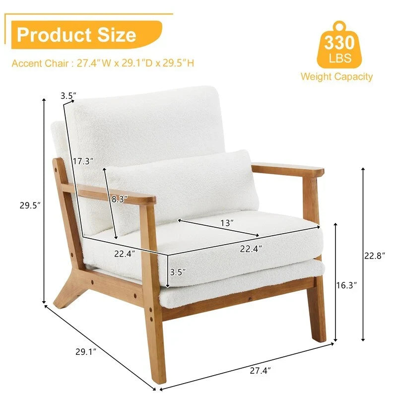 Fauteuil d'appoint rembourré en mélange de lin avec pieds en bois et un oreiller beige