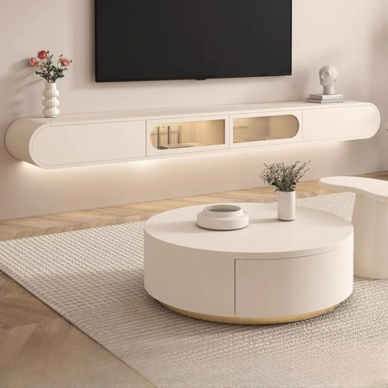 Meuble TV flottant en bois blanc avec rangement pour le salon
