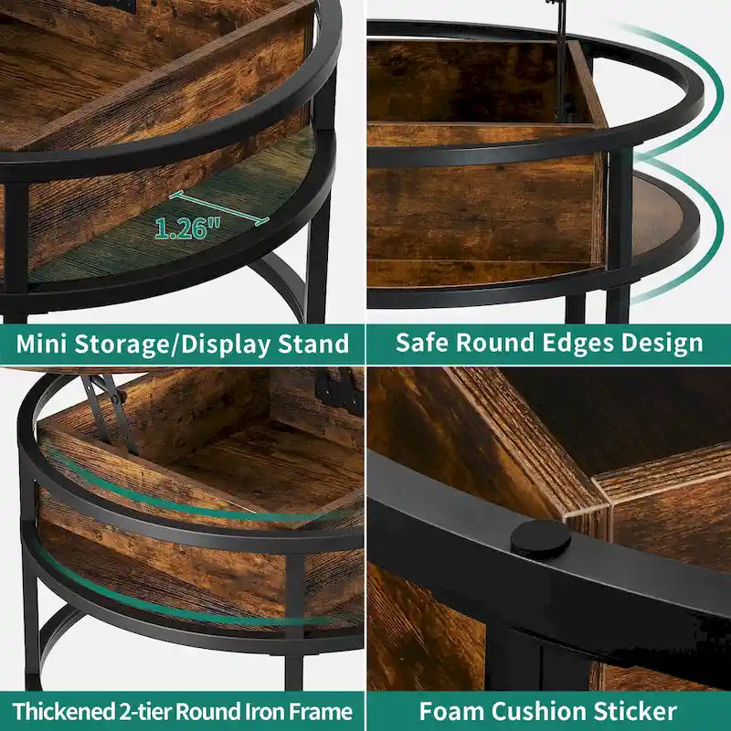 Table basse ronde relevable et extensible avec rangement dissimulé