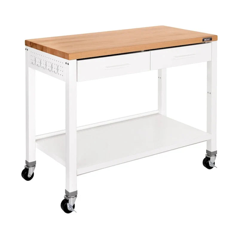 Table îlot central avec plateau en bois massif, 122 x 61 x 91 cm, blanche
