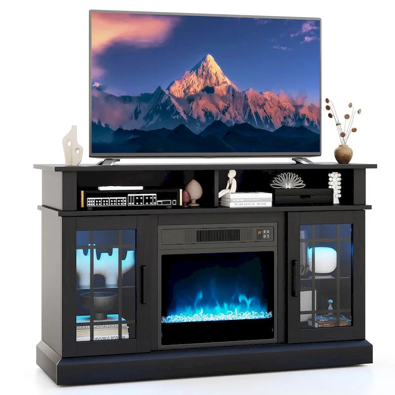 Meuble TV avec cheminée électrique, lumières LED et télécommandes