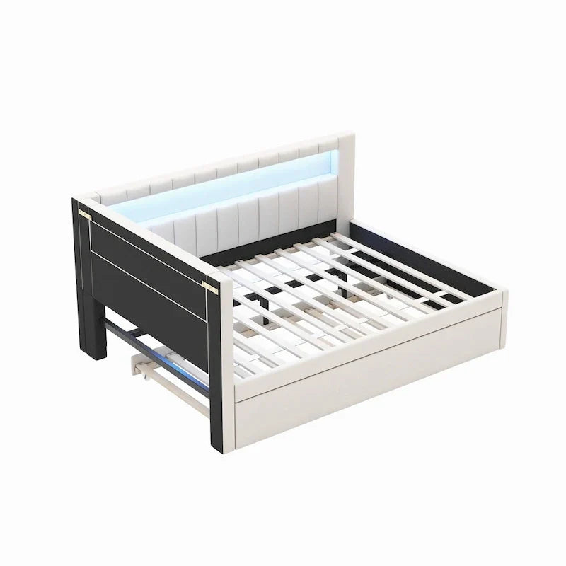 Lit plateforme rembourré avec ports USB et éclairage LED - Cadre de lit double/simple avec 2 tiroirs de rangement - Chambre à coucher moderne