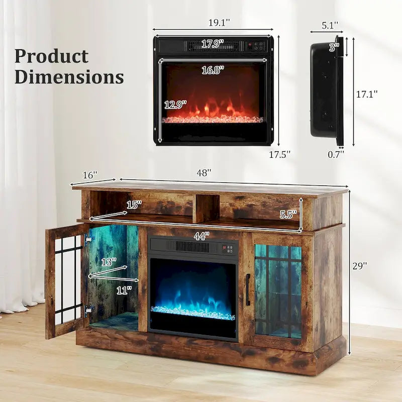 Meuble TV avec cheminée électrique, lumières LED et télécommandes