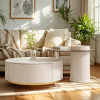 Table basse de forme tambour, ronde, en bois, moderne, blanche avec tiroir