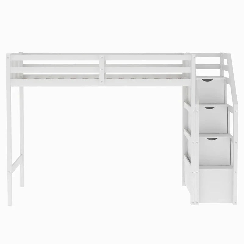 Lit mezzanine double sur lit double en bois avec escalier, balustrades hautes et échelle