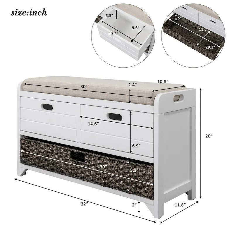 Banc de rangement en bois avec 2 paniers tressés