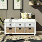 Banc de rangement rustique avec 3 tiroirs et 3 paniers en rotin, banc à chaussures pour salon, entrée