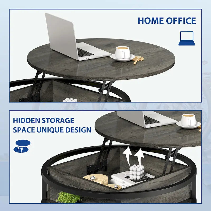 Table basse ronde relevable et extensible avec rangement dissimulé