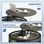 Table basse ronde relevable et extensible avec rangement dissimulé