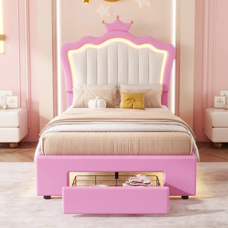 Cadre de lit double rembourré avec lumières LED, lit de princesse moderne rembourré avec tête de lit en forme de couronne, un tiroir, rose+blanc