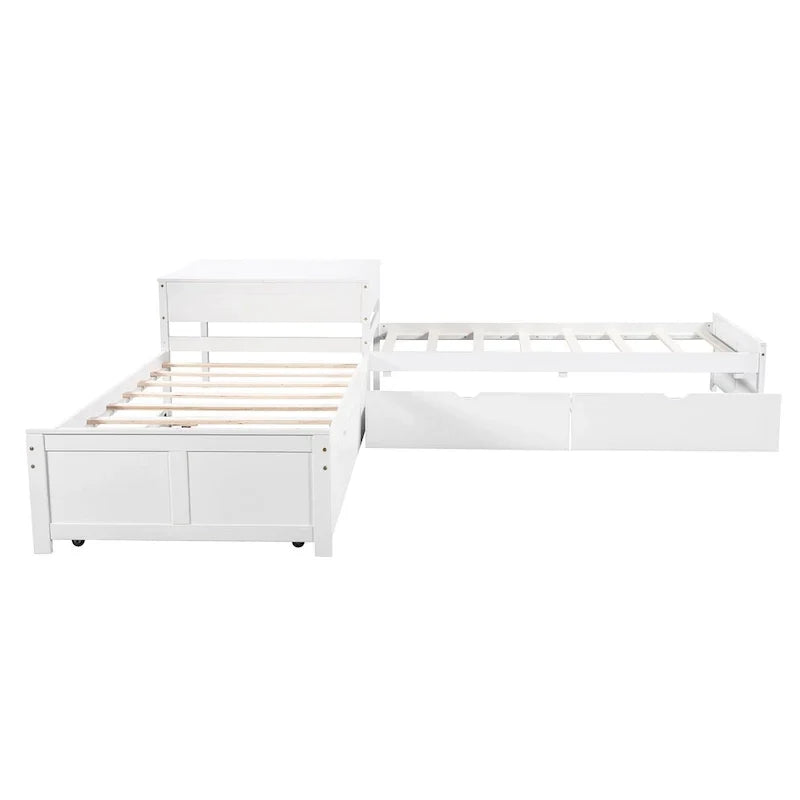 Lit plateforme en L moderne blanc de taille double avec lit gigogne et tiroirs pour chambre à coucher