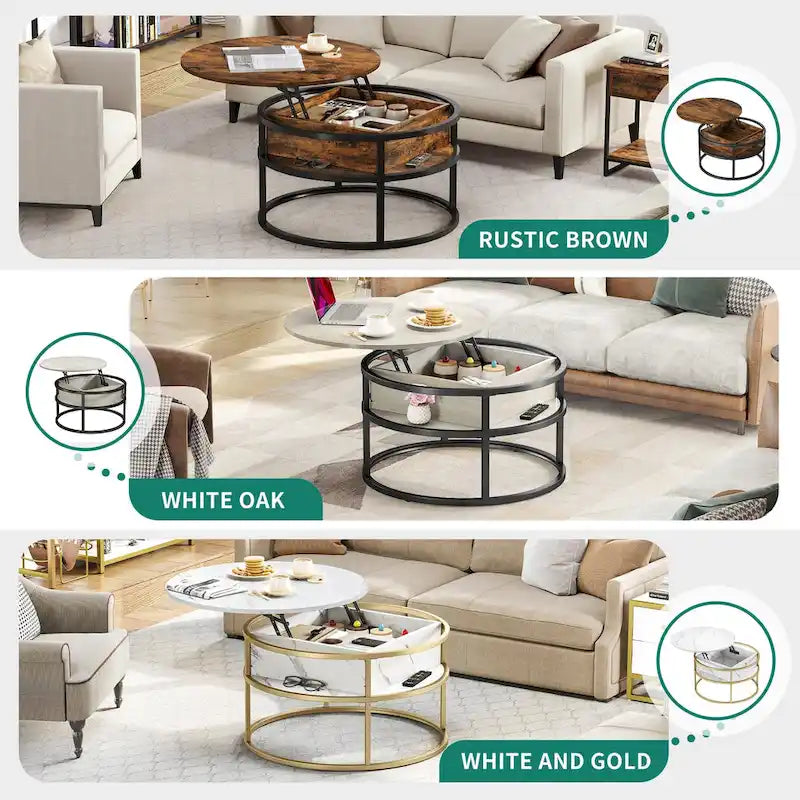 Table basse ronde relevable et extensible avec rangement dissimulé