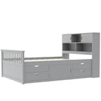 Lit plateforme capitaine double/grand avec 4 tiroirs et étagères de rangement, cadre de lit en bois massif avec tête de lit bibliothèque de rangement