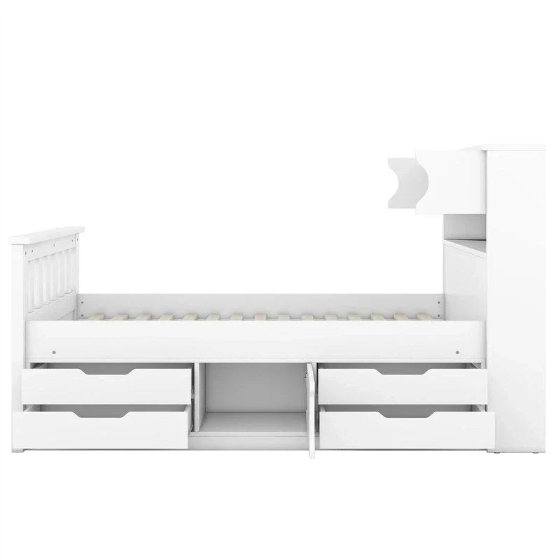 Lit plateforme capitaine double/grand avec 4 tiroirs et étagères de rangement, cadre de lit en bois massif avec tête de lit bibliothèque de rangement