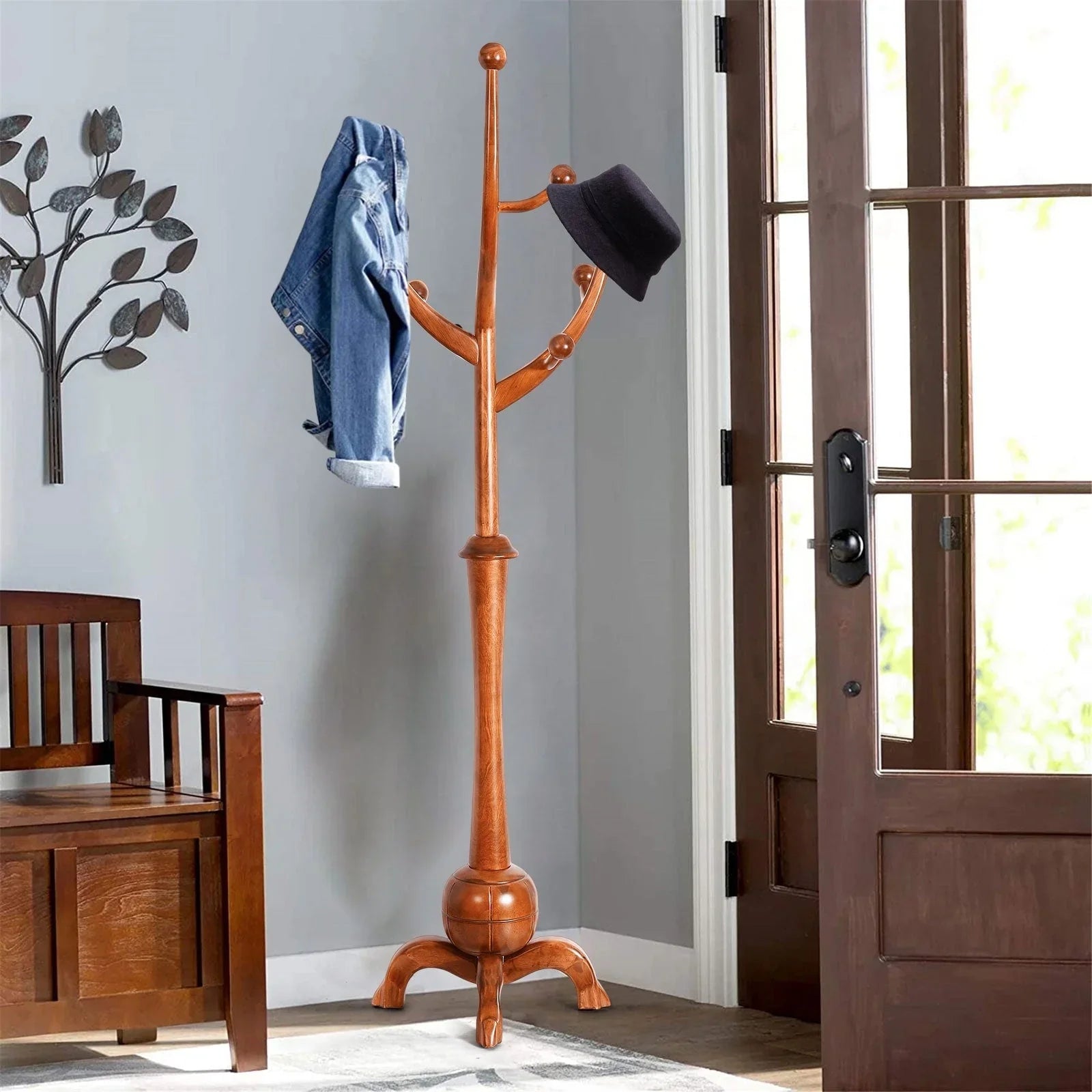 Porte-manteau sur pied en bois d'hévéa à motif de branches d'arbre avec 8 crochets - 24,5 l x 70,87 h