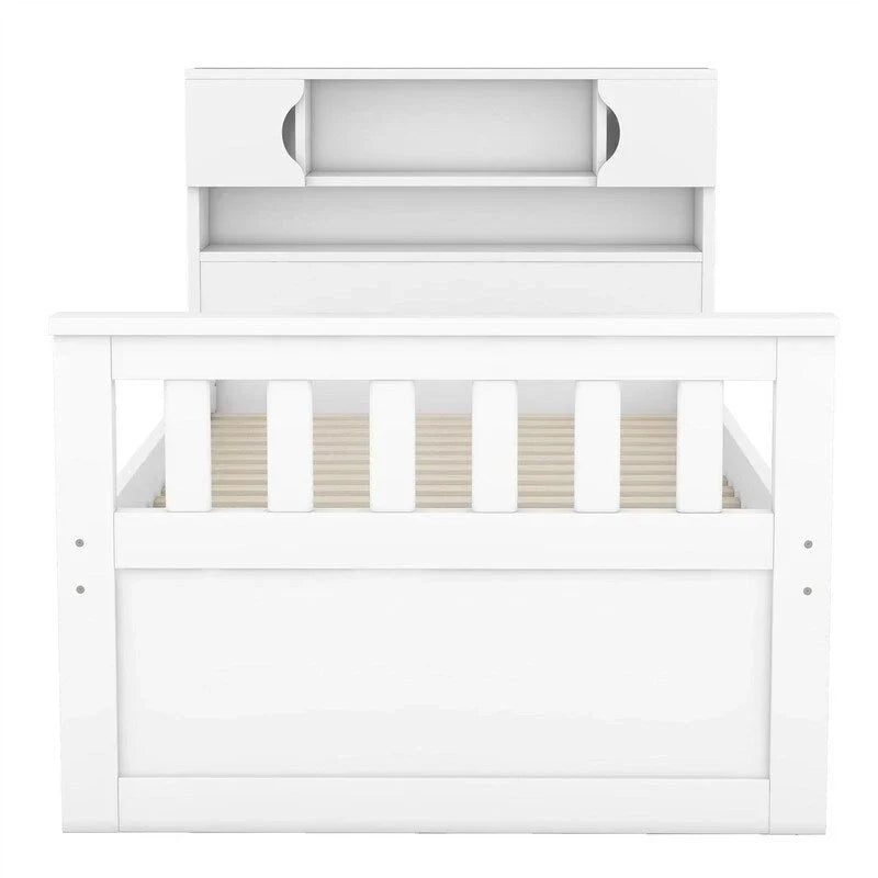 Lit plateforme capitaine double/grand avec 4 tiroirs et étagères de rangement, cadre de lit en bois massif avec tête de lit bibliothèque de rangement