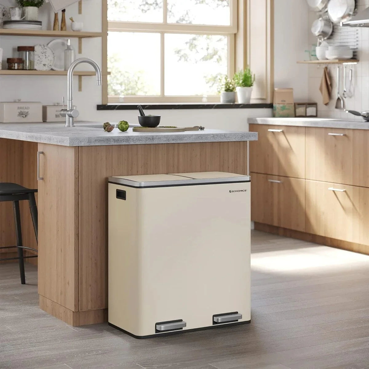 SONGMICS Poubelle double, 60L, en acier inoxydable, amande