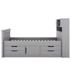 Lit plateforme capitaine double/grand avec 4 tiroirs et étagères de rangement, cadre de lit en bois massif avec tête de lit bibliothèque de rangement