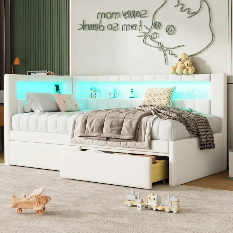 Lit plateforme rembourré avec ports USB et éclairage LED - Cadre de lit double/simple avec 2 tiroirs de rangement - Chambre à coucher moderne