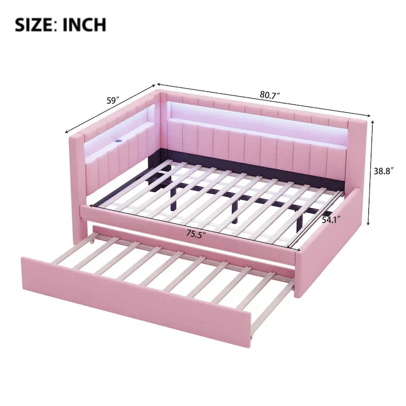 Lit plateforme rembourré avec ports USB et éclairage LED - Cadre de lit double/simple avec 2 tiroirs de rangement - Chambre à coucher moderne
