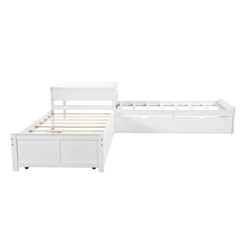 Lit plateforme en L moderne blanc de taille double avec lit gigogne et tiroirs pour chambre à coucher