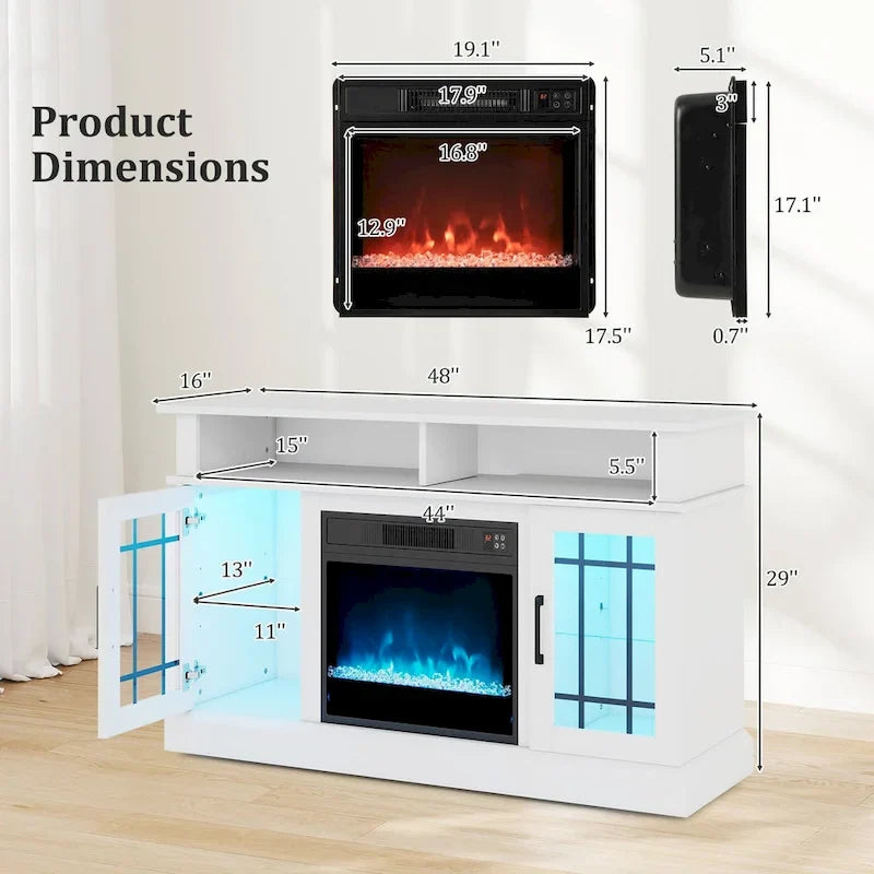 Meuble TV avec cheminée électrique, lumières LED et télécommandes