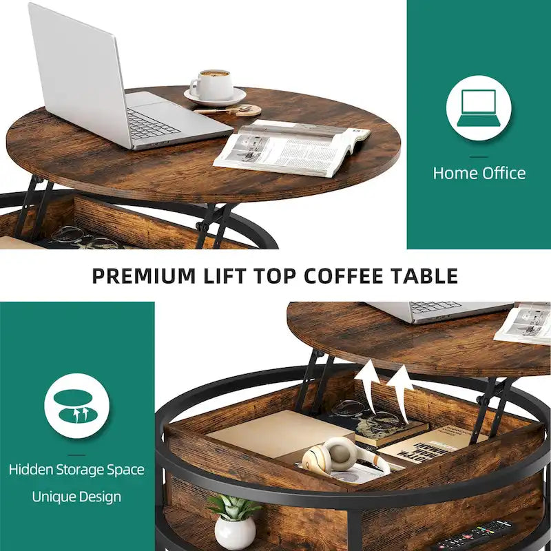 Table basse ronde relevable et extensible avec rangement dissimulé