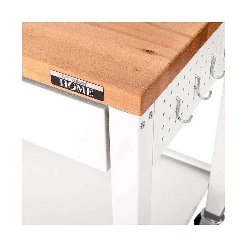Table îlot central avec plateau en bois massif, 122 x 61 x 91 cm, blanche