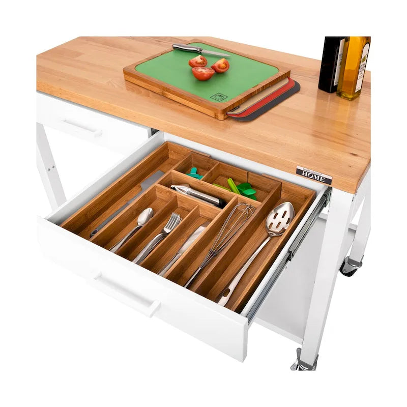 Table îlot central avec plateau en bois massif, 122 x 61 x 91 cm, blanche