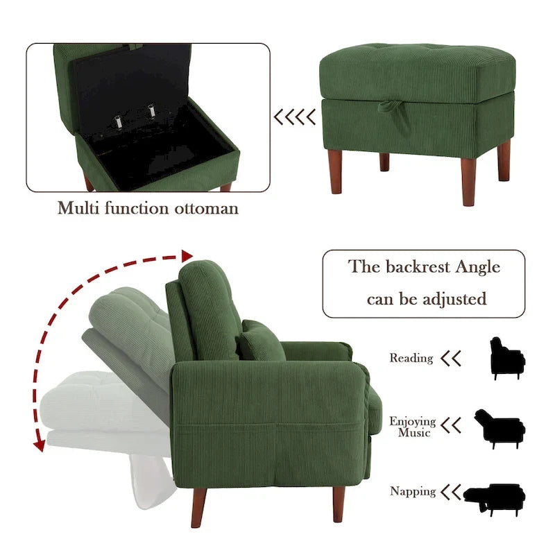 Fauteuil de salon moderne UIXE avec pouf de rangement et dossier réglable