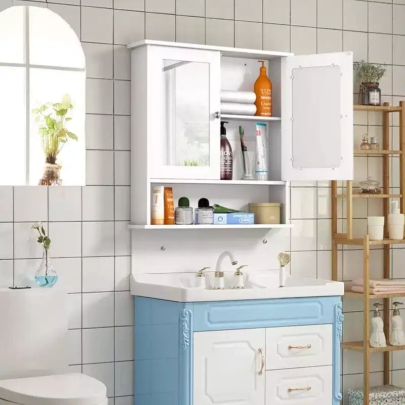 Costway Nouvelle Armoire Murale de Salle de Bain Double Porte Miroir Meuble de Rangement Armoire à Pharmacie Étagère Blanche