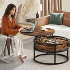 Table basse ronde relevable et extensible avec rangement dissimulé